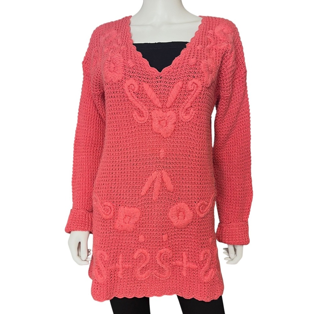 Gantos Boho‎ Crochet Tunic Sweater Floral Whimsical Cottagecore Artisan Knit M